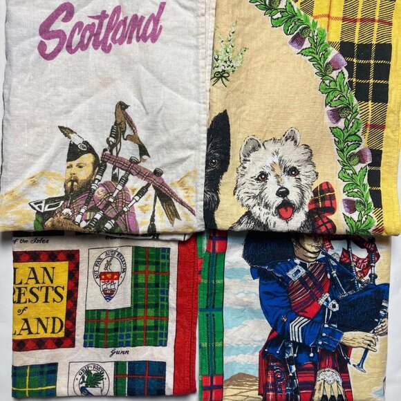 Vintage Scotland Linen Tea Towel Lot Of 4 Scotty Dog Bagpipes Lamont Scottish - Picture 2 of 16